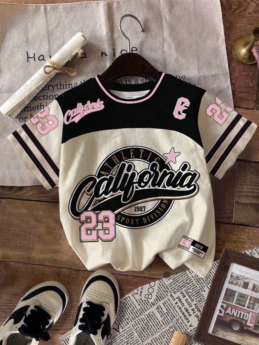 少女休闲复古字母数字徽章图案T恤，运动学院风短袖圆领T恤，适合夏季，基础款，轻松运动风，舒适精选，字母T恤，休闲舒适，蓝白配色，秋季T恤，简约时尚，经典款式，女童棒球衫，女童棒球服，Kpop，快速发货，E-Girl - 彩色 - 查看 1