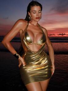Swim SXY 2pcs Metallic Gold Shiny Fabric Swimsuit Set, Plunging Neckline Triangle Top With Thong Bottoms, Sexy Beach Holiday Style - Gold - View 2
