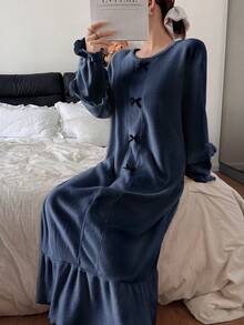 SHEIN Camisón de mujer de unicolor con decoración de lazo, volantes y mangas abullonadas - Azul Marino - Ver 3