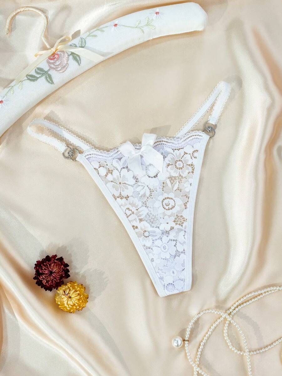 Crystal Vow Floral Lace Rhinestone Bow Front G-String Sexy Lingerie Bow Tie - White - View 1