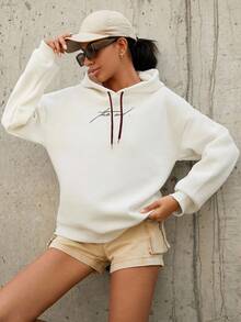 EURMUSE 100%Cotton Letter Graphic Drop Shoulder Drawstring Hoodie - White - View 3