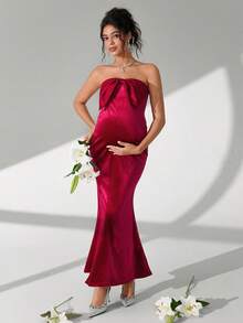 SHEIN Cherish Maternity Maternity Photography Dress, Strapless, Bow Accent, Flared Mermaid Hem, Velvet Fabric - Burgundy - View 1