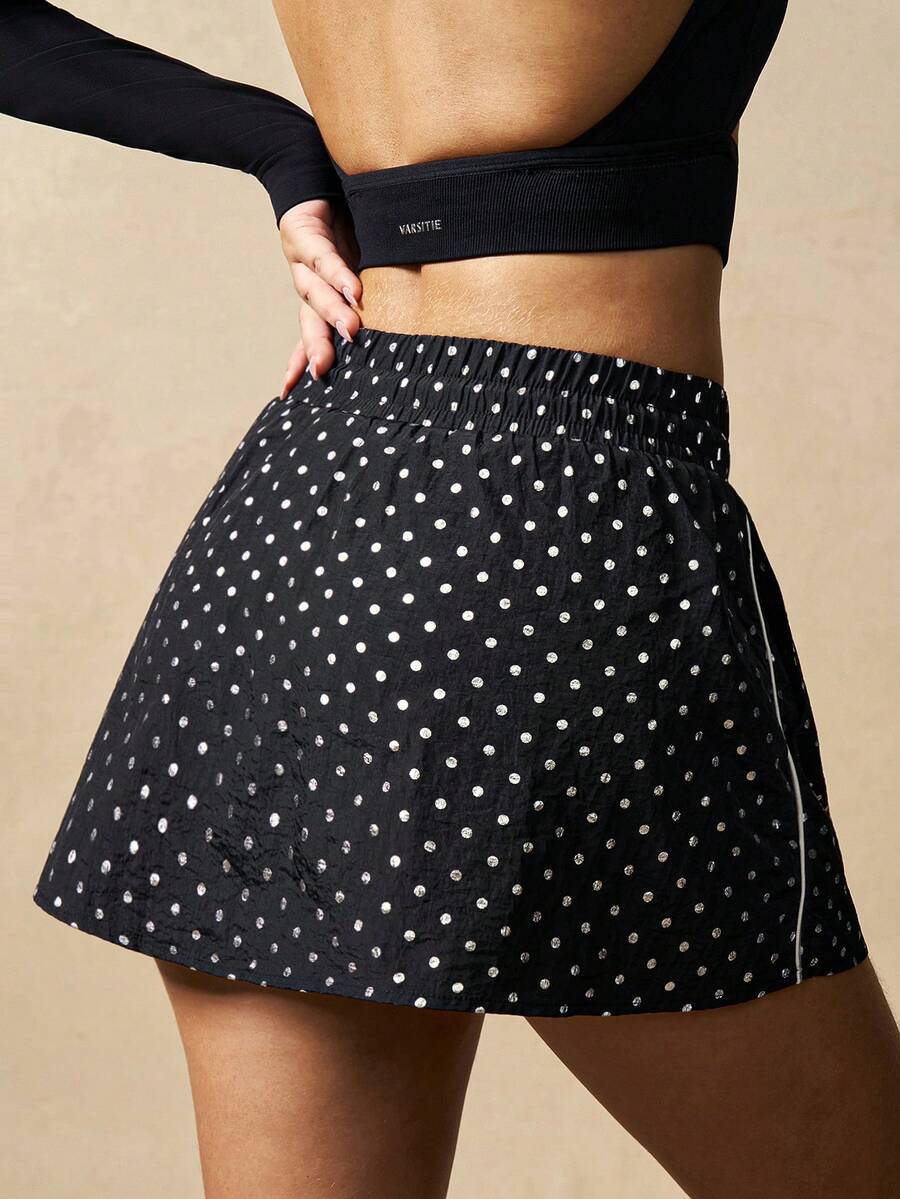 VARSIVA Women's Black Elastic Waist Drawstring Slimming Silver Polka Dot Print Jumpsuit With Built-In Side Pockets - Casual Tennis Sports Skirt.