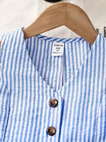 Young Girl Casual Spring/Summer Plain Woven Sleeveless Top And Pants Set, Young Girl Casual Striped Square Neck Sleeveless Top Shirt And Straight Leg Pants Set, Fashion Streetwear Commuting Outfit - Blue - View 5