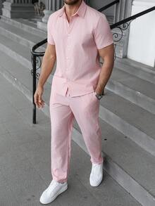 Manfinity CasualCool Men's Turndown Collar Single-Breasted Short Sleeve Shirt And Pants Casual Commuter Suit - Multicolor - View 3