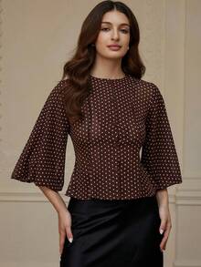 Revavyn 随机波点印花雪纺面料，灯笼泡泡袖装饰，优雅时尚百搭收腰休闲衬衫 - 咖啡棕 - 查看 4