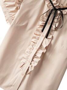 GlowEve CURVE 时尚休闲法式复古优雅泡泡袖荷叶边缎带撞色蝴蝶结通勤衬衫 - 杏色 - 查看 5