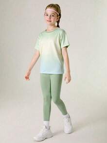 SHEIN 青少年女孩两件套：T 恤 + 紧身裤，瑜伽/运动/跑步锻炼，弹力，彩色，校园/街头风格运动服 - 薄荷綠 - 查看 6