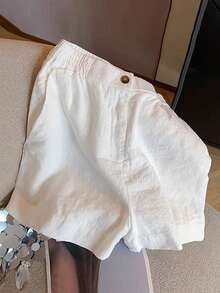 INAWLY 女士休闲弹力腰纯色短裤，适合日常通勤和夏季穿着 - 杏色 - 查看 4