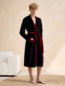 Men's Contrast Trim Long Sleeve Comfortable Long Tie-Waist Bathrobe - Multicolor - View 3