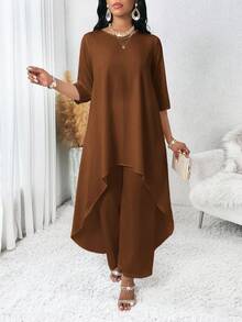 SHEIN Lady 四季秋季女装 白色长袖不规则两件套 女士秋季套装 女士套装 女士服装套装 女士两件套 秋季两件套 返校季 秋季女士套装 白色女士套装 女士服装套装 套装 两件套 婚礼礼服 女士两件套 - 棕色 - 查看 1