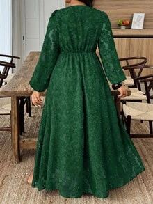 SHEIN LUNE 大码女式提花薄纱蕾丝边休闲长裙，适合日常穿着，秋冬季 - 墨綠色 - 查看 2