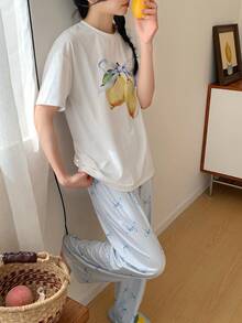 Damen Mode Allover-Muster Kurzarm Top und Hose Set, bequemer Gummibund, Schleife, gestreifter Allover-Muster, Loungewear - Blau-Weiß - Übersicht 6