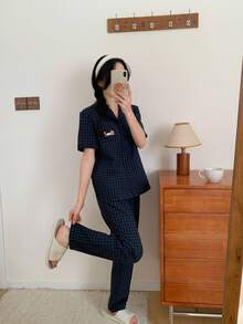 Women's Simple Fashion Classic Plaid Embroidered Dog Short Sleeve Top And Pants 2 Pieces Pajama Set Checkered Pajama Set 2 Piece Pj Set Button Up Pajama Set Pyjama Women Cute Pj Set