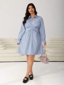 Solflare 大码女式条纹交叉设计衬衫裙，秋冬款 - 藍白色 - 查看 6