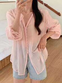 DAZY Women's Solid Color V-Neck Loose Semi-Sheer Long Sleeve Blouse Spring - Pink - View 1