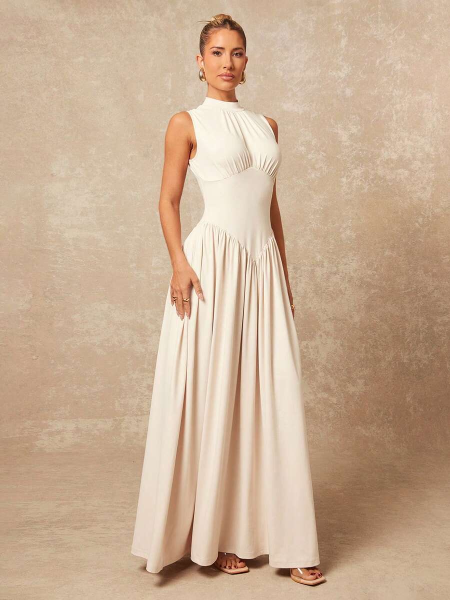 Lumalex 早春圆领收腰褶皱连衣裙，蓬松舒适柔软，适合女性度假、生日、婚礼、情人节礼物指南、浪漫情人节装扮、宾客婚礼、情人节礼物指南、浪漫情人节装扮、派对、夏季假日海滩装扮，尽显奢华格调，低调奢华，适合舞会、聚会、宴会、低调奢华、老钱风格、锐舞派对、音乐节等场合，层次丰富的派对长裙，适合婚礼、情人节礼物指南、浪漫情人节装扮、宾客礼服、早春连衣裙、象牙色女士连衣裙、优雅长裙