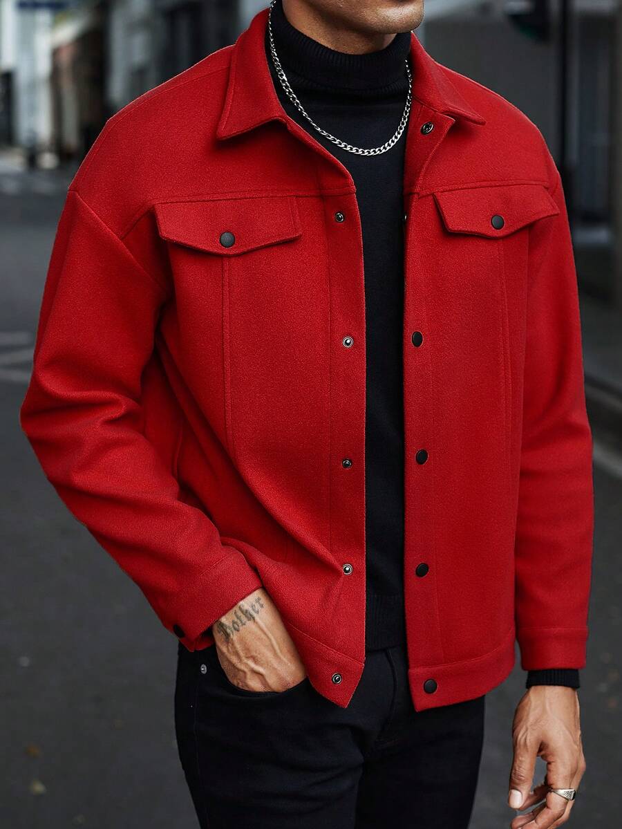 Manfinity Homme Abrigo largo de manga larga informal de un solo botonadura de unicolor para hombres, otoño/invierno - Rojo - Ver 1