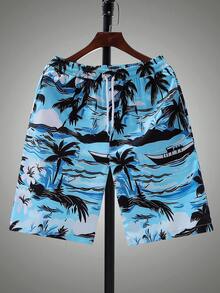 青少年男孩深色系印花舒适运动短裤 - 藍色 - 查看 4