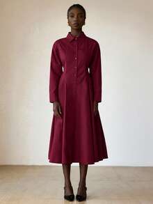 Aveloria Modichic Simple And Comfortable, A Solid Color Fitted And Fashionable Casual Dress That Is Versatile For All Occasions And Has Loose Long Sleeves With A Wide Hem And A Turned-Down Collar And Button Fastening. - Burgundy - View 7