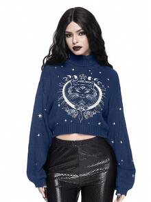ROMWE Goth Suéter de cuello alto negro gótico oscuro con bordado misterioso de gato - Azul Marino - Ver 6