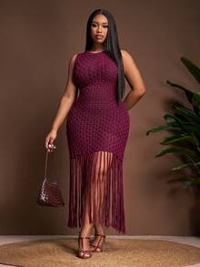 Veslaya 春夏新品上市。优雅精致，完美适用于度假、约会、派对、晚宴、生日聚会、日常出行、婚礼季、毕业季、家庭聚会、法式风情派对等各种场合。修身纯色酒红色长裙，无袖圆领，流苏下摆，钩编提花面料，大码女式长裙。 - 酒紅色 - 查看 3