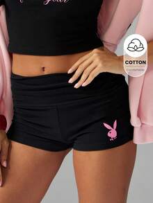 Missguided x Playboy Quần short bó sát co giãn cạp gập Quần thể thao thời trang logo thỏ Quần thể thao mặc nhà Quần short ngắn phong cách gập - màu đen - Xem 1
