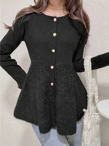 FRIFUL Women's Metal Button Decor Ruffle Hem Loose Solid Color Cardigan - Grey - View 6