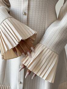 Elenzga Váy xếp ly hở vai, tay chuông, cài nút đơn thời trang dành cho nữ - Màu be - Xem 7