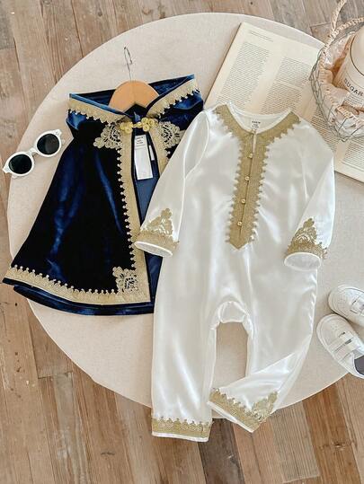 SHEIN 2 st/set Nyfödd Pojke/Flicka Elegant Lyxig Vit Satin Långärmad Sparkdräkt & Marinblå Sammetshuvad Kapa, Guldkant Vintage Traditionell Stil Lämplig För Inomhus, Utomhus, Vardag, Sport, Lek, Fest, Fotografering, Helgdag, Ceremoni, Babyshower, Alla Årstider