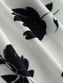 Franclia 女式领口收腰花卉印花长款束腰衬衫，优雅适合通勤和社交场合 - 黑與白 - 查看 7