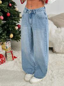 SHEIN PETITE 女士休闲水洗低腰直筒牛仔裤 - 中等水洗藍 - 查看 4