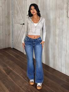 SHEIN PETITE Women's Casual Washed Low-Waist Flare Jeans - Blue - View 4