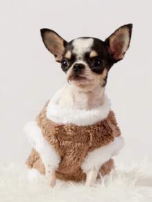 PETSIN 1件棕色格纹兔子毛绒宠物背心带牵引扣秋冬季双面毛绒加厚保暖衣服适合幼宠 - 棕色 - 查看 3