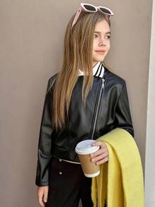 Cool och snygg kort jacka i konstläder för flickor, långärmad - Svart - Visa 4