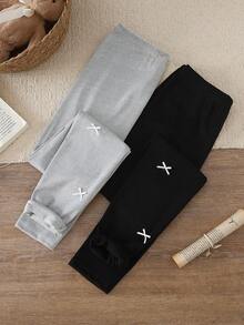 2件套女童优雅休闲舒适弹力纯色蝴蝶结针织打底裤和连体衣套装 - 彩色 - 查看 1