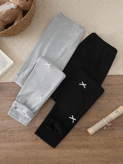 Set de 2 piezas de leggings y body de punto con lazo, de unicolor, elegante, casual y cómodo para niñas