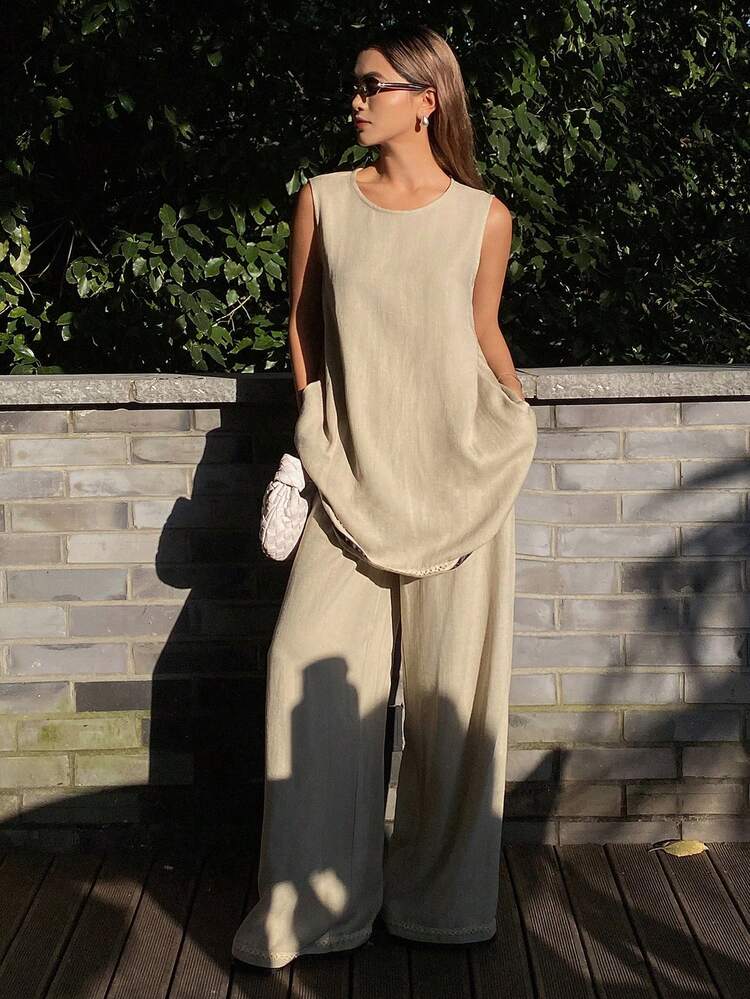 2pcs/Set Women Striped Ruffle Trim Loose Crew Neck Sleeveless Long Tank Top And Elastic Waist Wide Leg Pants Elegant Vacation Outfit, Spring/Autumn
