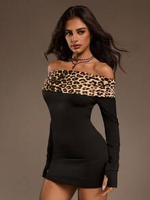 SHEIN ICON Fitted Leopard Print Off-Shoulder Mini Dress - Black - View 6