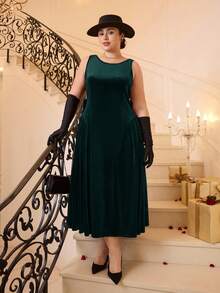 SHEIN MOD Váy midi chữ A thắt nơ hở lưng màu đỏ cổ điển cỡ lớn, váy cưới, váy hẹn hò, váy ngày lễ tình nhân - Màu xanh lá cây đậm - Xem 8