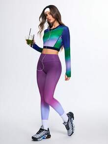SHEIN Women's Green Autumn Athleisure Gym Gradient Long Sleeve Crop Top,Colorful Ombre Stretch Athletic Yoga Shirt,Slim Fit Workout Tee,Activewear Running - Multicolor - View 7