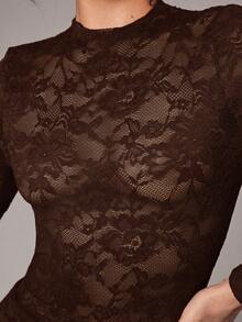 Silquee Bộ đồ liền thân dài tay hở lưng ren ngọt ngào, thanh lịch, lãng mạn, màu trơn dành cho nữ (Đỏ, Đỏ rượu, Đỏ tía, Thiết yếu), thích hợp cho các buổi tụ họp chị em, ngày lễ tình nhân, buổi tối đi chơi - Cà phê nâu - Xem 10