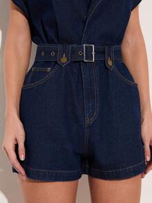 COSMINA Women's Elegant Deep V-Neck Cinched Waist Denim Jumpsuit And Romper, Versatile For Commuting, Office, All Seasons - Dark Wash - View 4