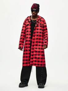 ROMWE MEN Men's Street Style Black & Red Plaid Long Sleeve Hooded Long Jacket - Multicolor - View 3