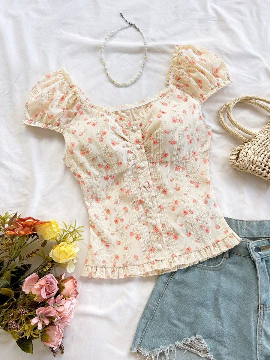 Soleia Women's Floral Ruffle Trim Embroidered Fashionable Sweet Versatile Puff Sleeve Blouse