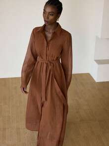 Aveloria Modichic Pleated Front Casual Chic Versatile Slim Fit French Style Long Dress - Brown - View 1