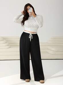 SHEIN EZwear Plus Size Women's Black & White Contrast Ruffle Hem Belted Wide Leg Loose Casual Pants - Black and White - View 7
