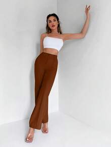 EURMUSE Solid High Waist Straight Leg Suit Pants - Brown - View 4