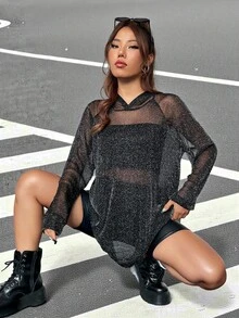 SHEIN EZwear 女式連帽網眼透視裙 - 黑色 - 查看 6