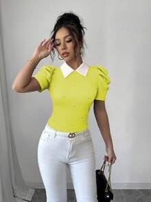 Elenzga Elegant Daily Wear Collared Black & White Contrast Bubble Beaded Fitted Women T-Shirt - Yellow - View 5